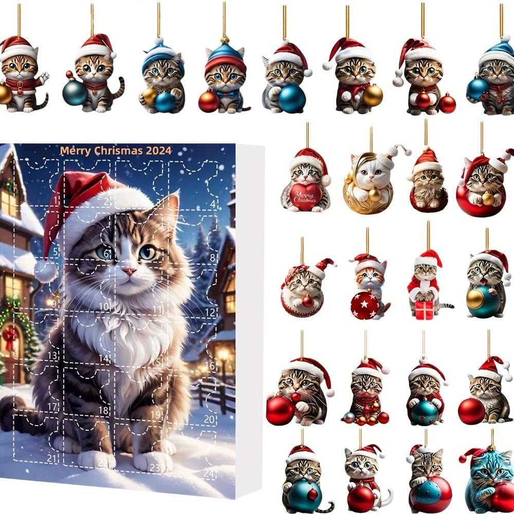 Calendrier de l'Avent vintage avec pendentifs en acrylique en forme de chats 2025, compte à rebours de Noël de 24 jours pour amoureux des chats