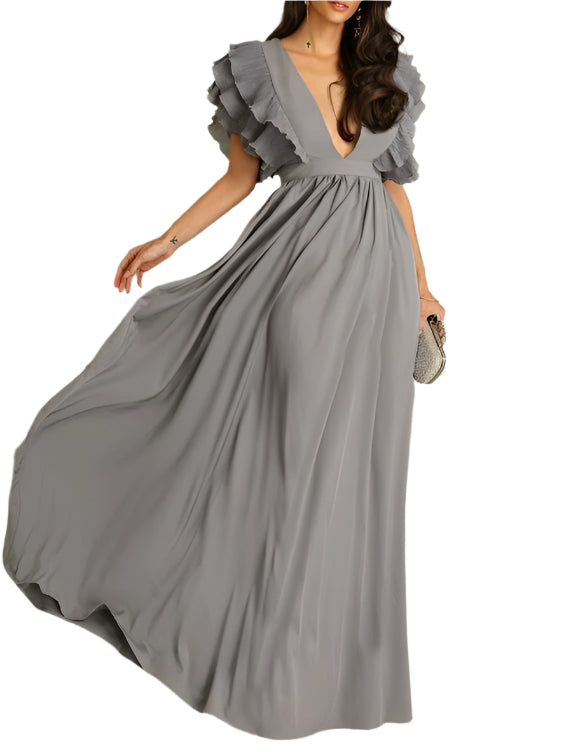 LuxeFlair - Robe maxi à décolleté en V profond et manches à volants