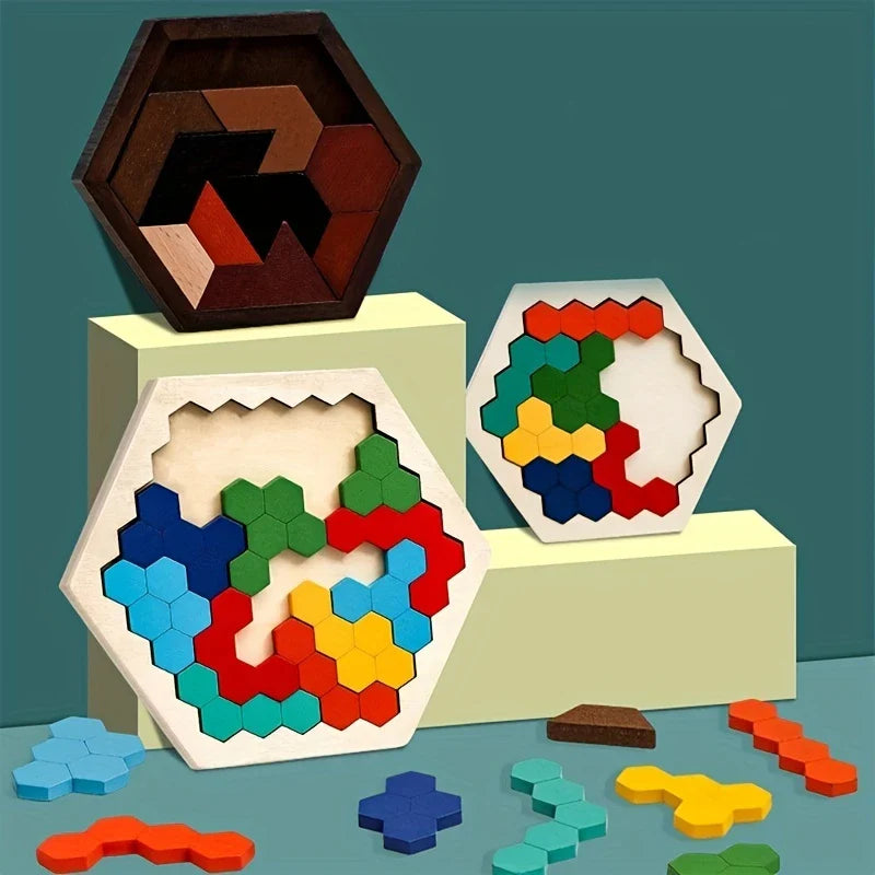 HexaFun 3D puzzle en bois hexagonal – Jouet éducatif STEM pour enfants