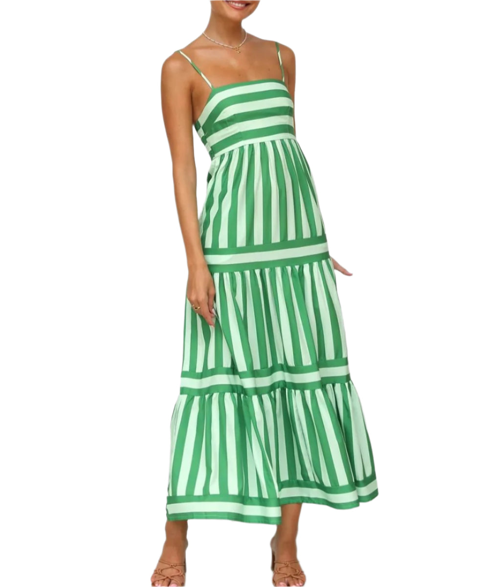 Solene - Robe maxi à volants rayée avec un haut ajusté et des fines bretelles