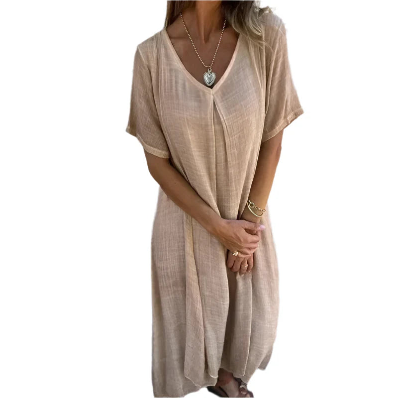 Lexie - Robe maxi en lin à décolleté en V avec charme désinvolte