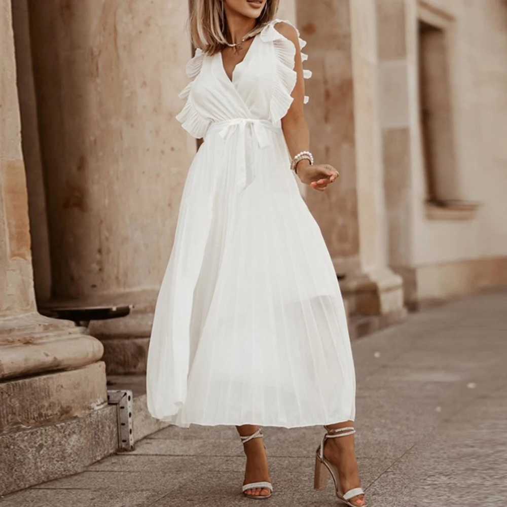 Basha - Élégante robe maxi plissée blanche à volants