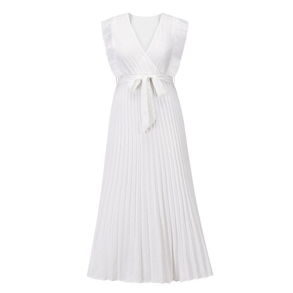 Basha - Élégante robe maxi plissée blanche à volants