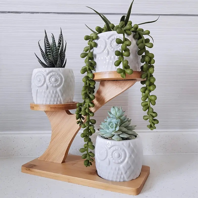 UgleTrio Support de Plante en Bois avec des Pots de Hibou Décoratifs pour une Utilisation Intérieure