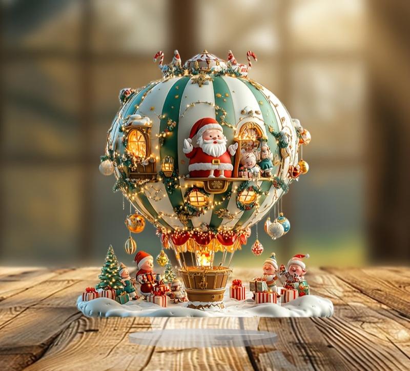 Panneau décoratif en acrylique de style boho représentant le Père Noël et des lutins dans un ballon de Noël