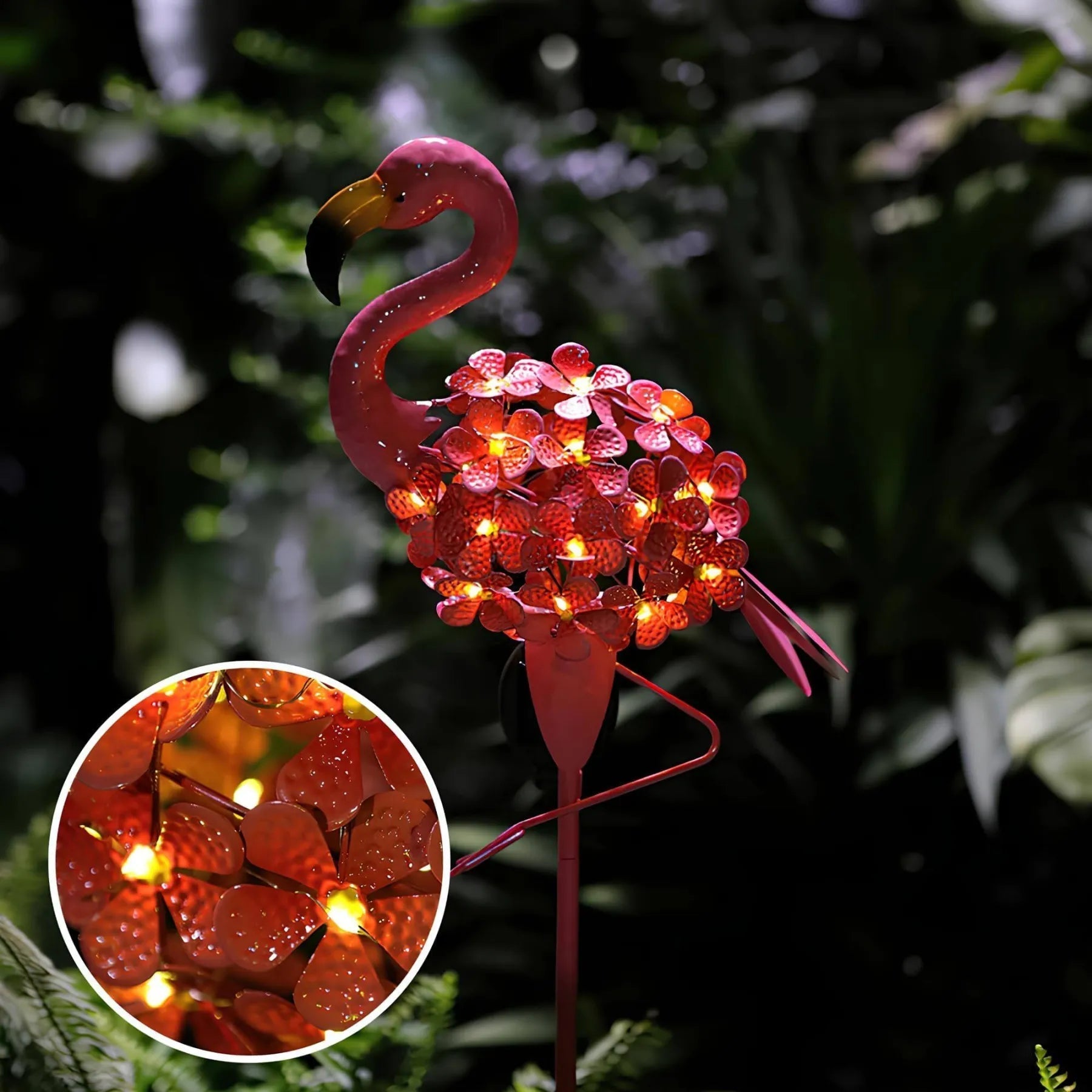 FlamiGlow – Flamant rose solaire avec pique et fleurs LED