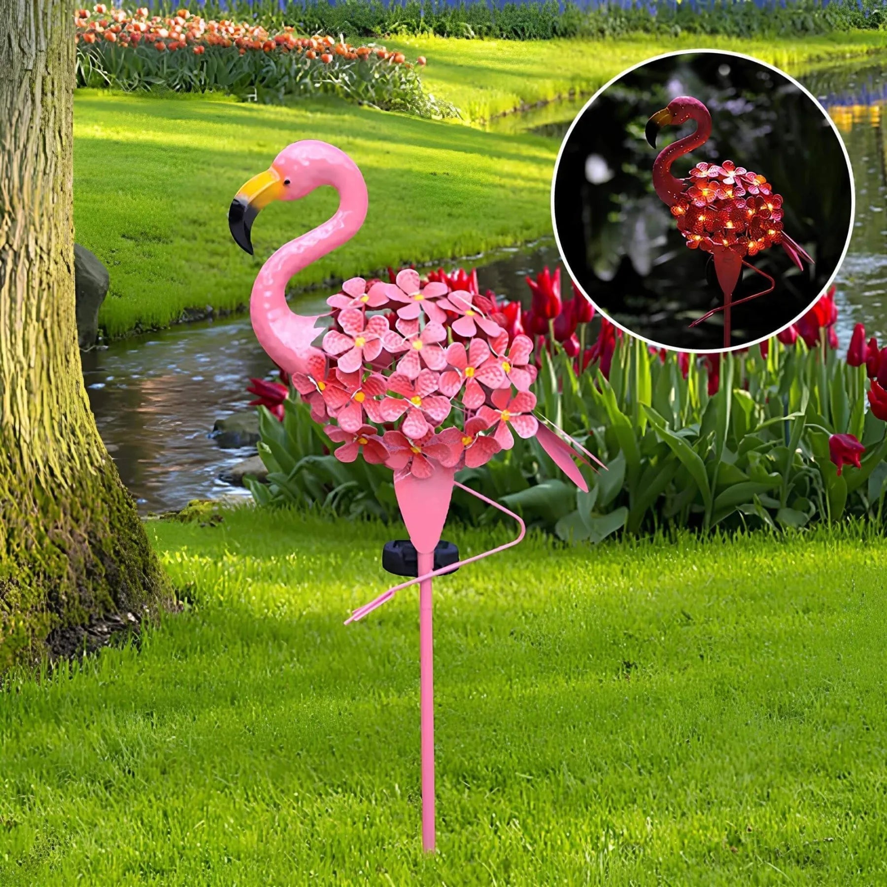 FlamiGlow – Flamant rose solaire avec pique et fleurs LED