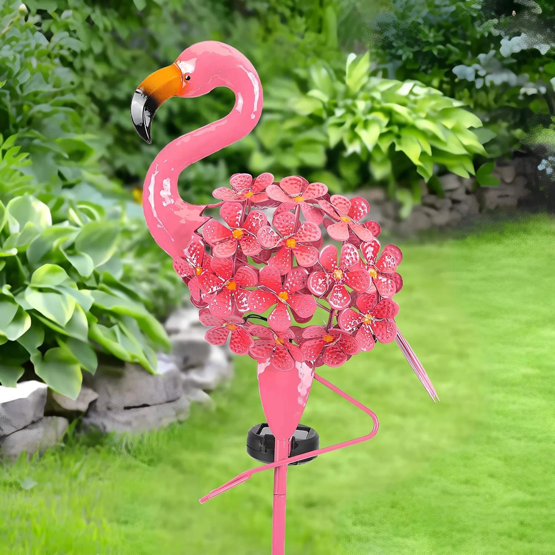 FlamiGlow – Flamant rose solaire avec pique et fleurs LED