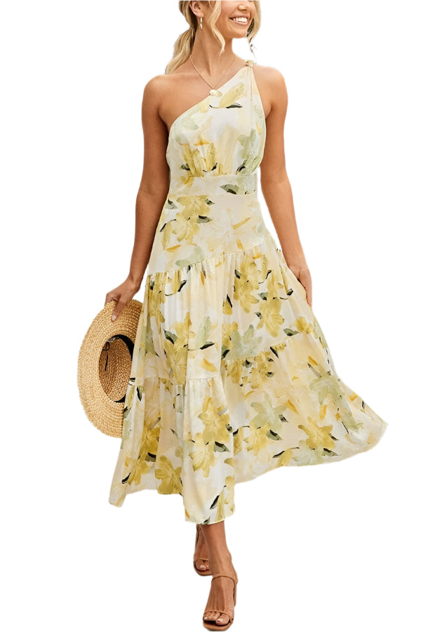 Maelle – Robe mi-longue à imprimé lys fleurs avec une épaule pour les occasions ensoleillées