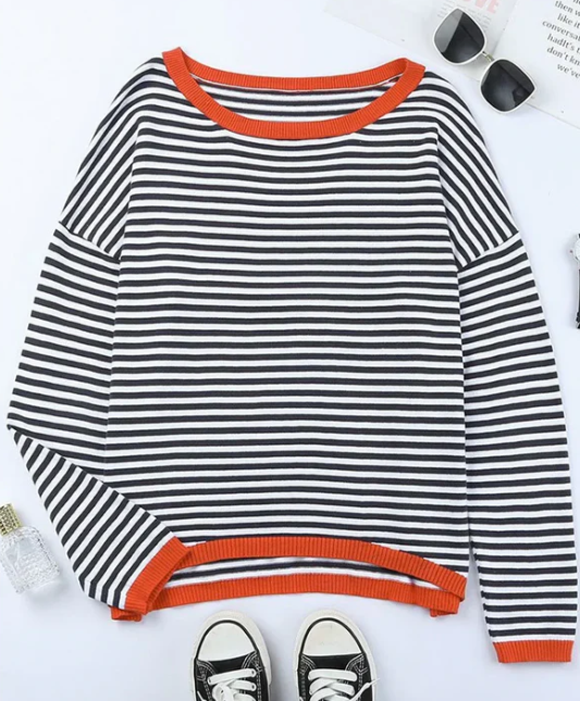 Veste pull StripeMaster - Rayures audacieuses avec bordure orange