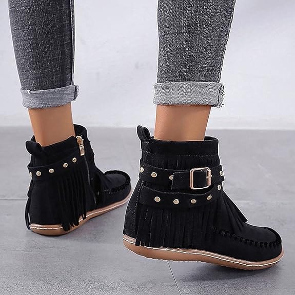 Mary - Bottines boho-chic avec franges et accent de boucles