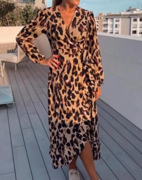 Savannah | Robe Longue à Décolleté en V avec Motif Léopard
