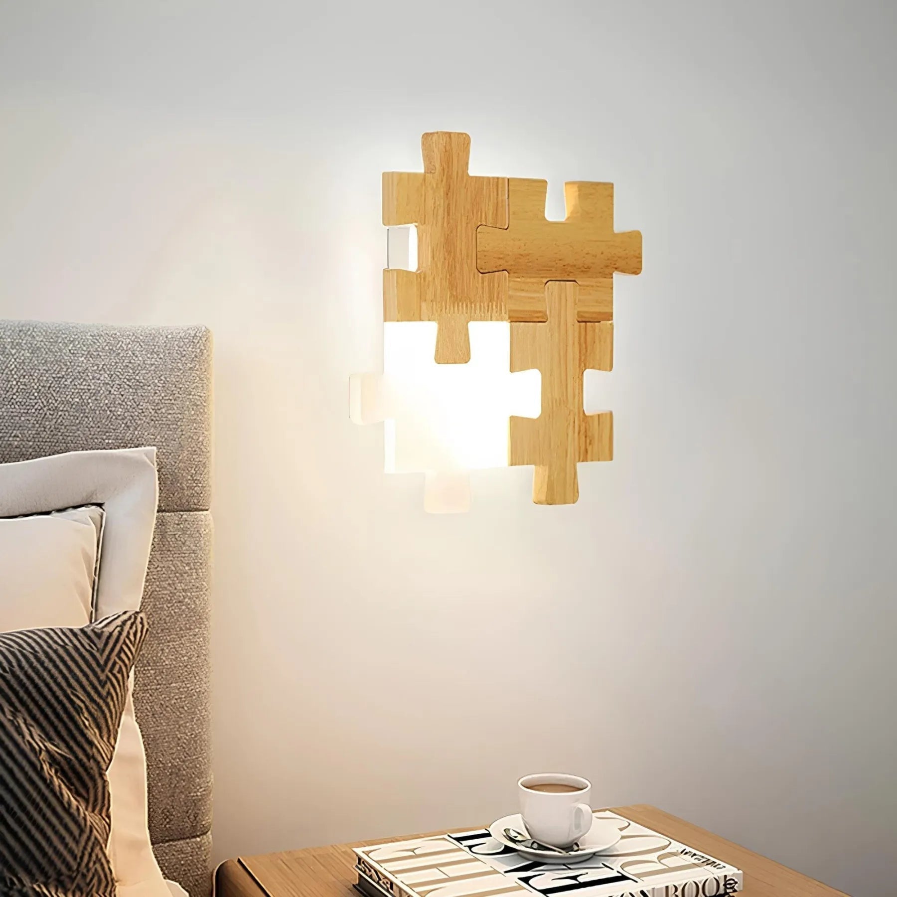 PuzzleGlow – Lampe murale moderne en bois à découper