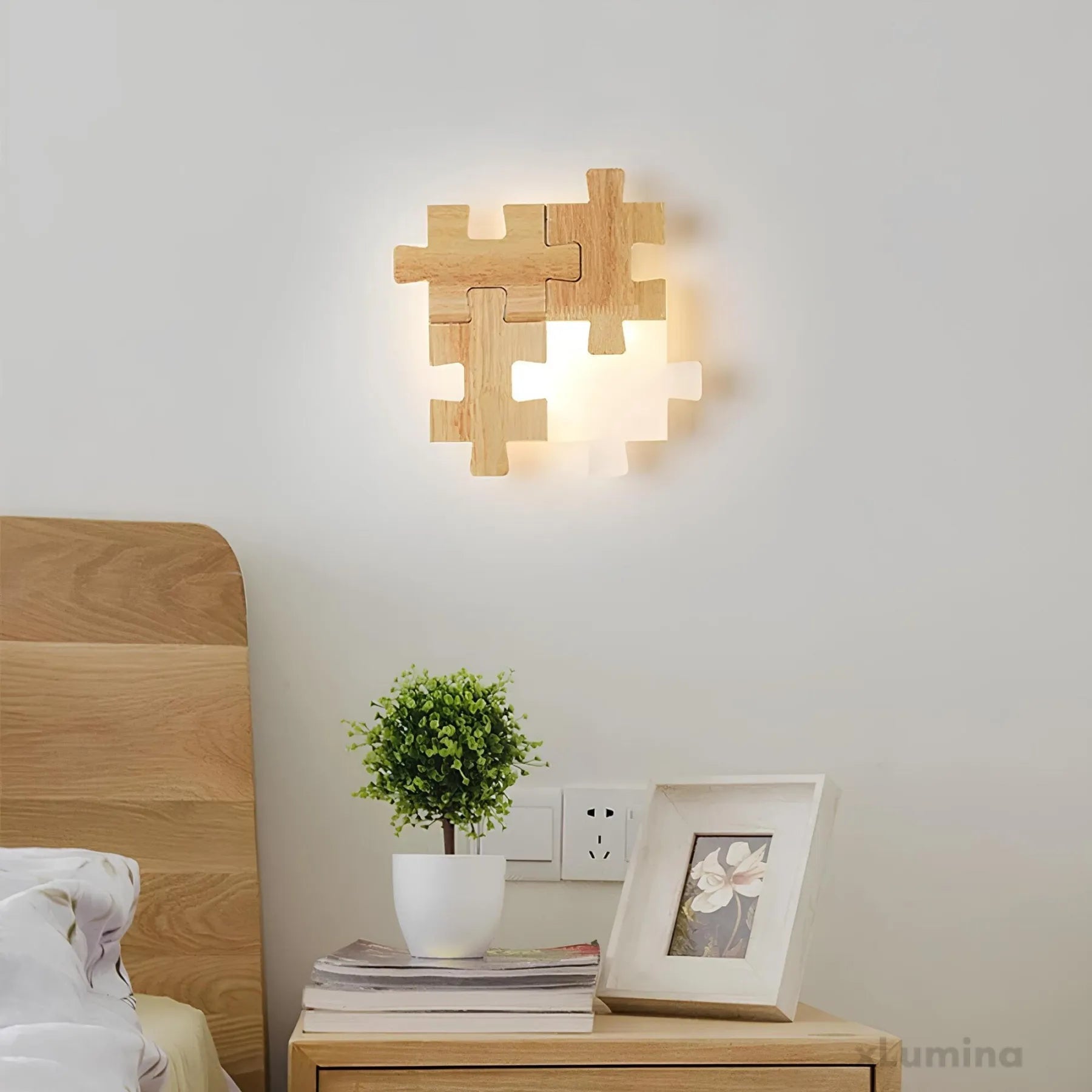 PuzzleGlow – Lampe murale moderne en bois à découper