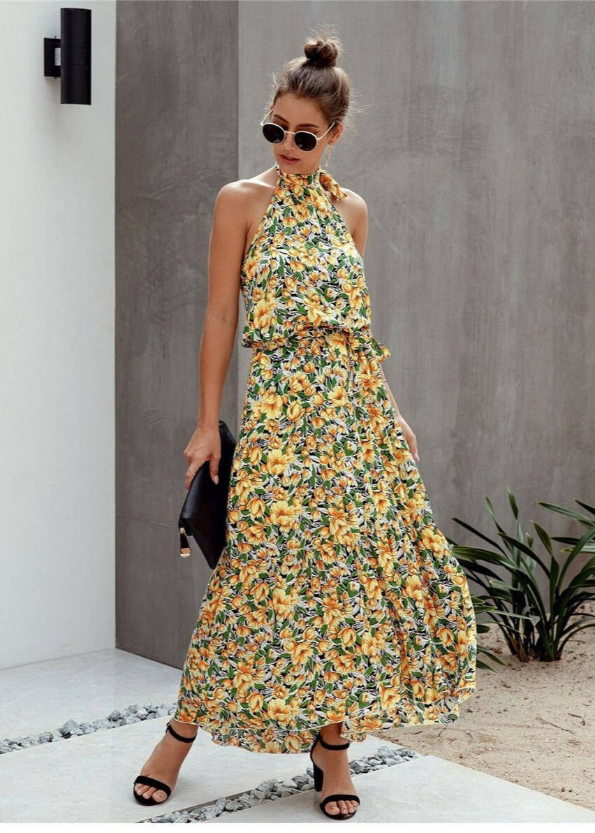 Maribel - Robe Maxi Boho à Fleurs avec Lien au Cou