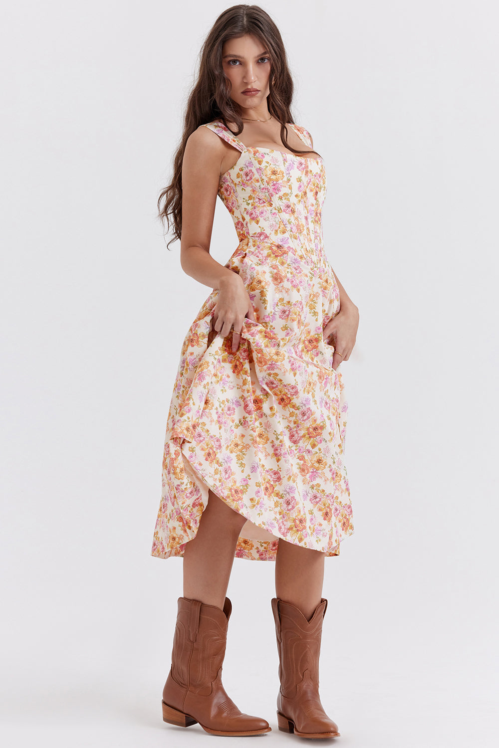 Nicole - Robe midi Sweetheart à bretelles florales