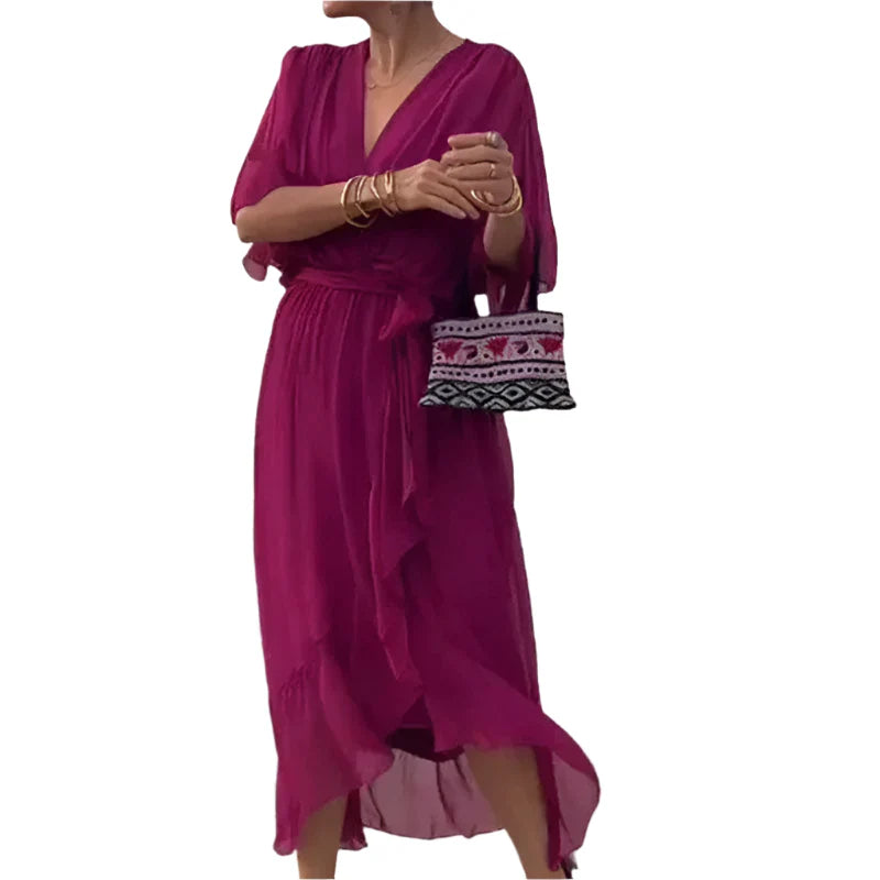 Laurie - Robe mi-longue à manches flottantes avec des détails raffinés à la taille