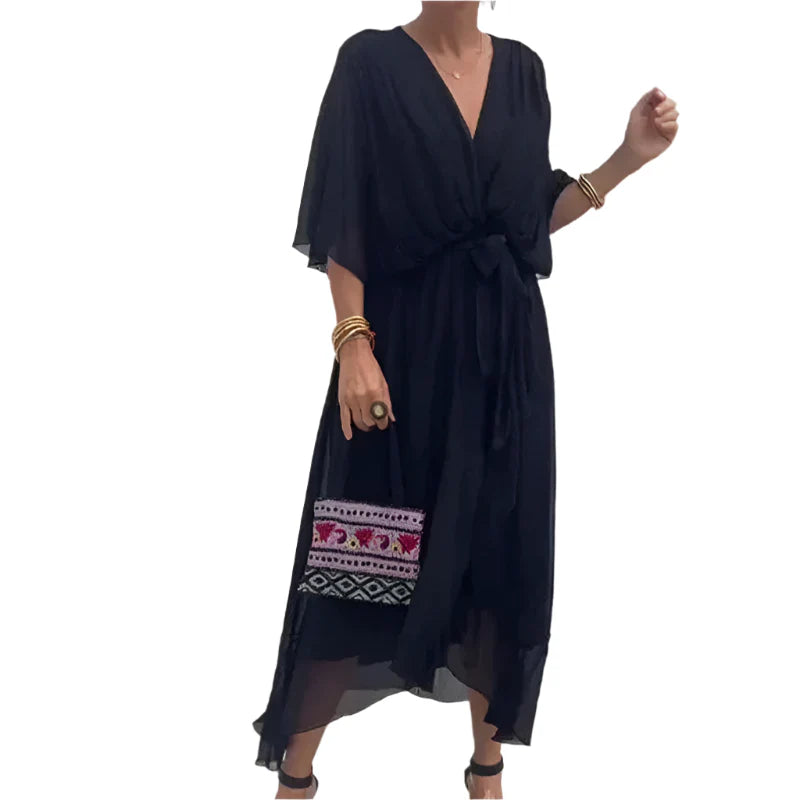 Laurie - Robe mi-longue à manches flottantes avec des détails raffinés à la taille