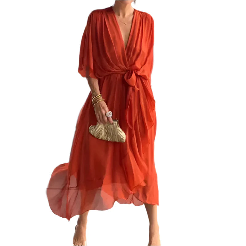 Laurie - Robe mi-longue à manches flottantes avec des détails raffinés à la taille