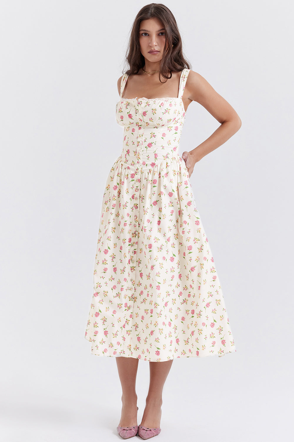 Nicole - Robe midi Sweetheart à bretelles florales