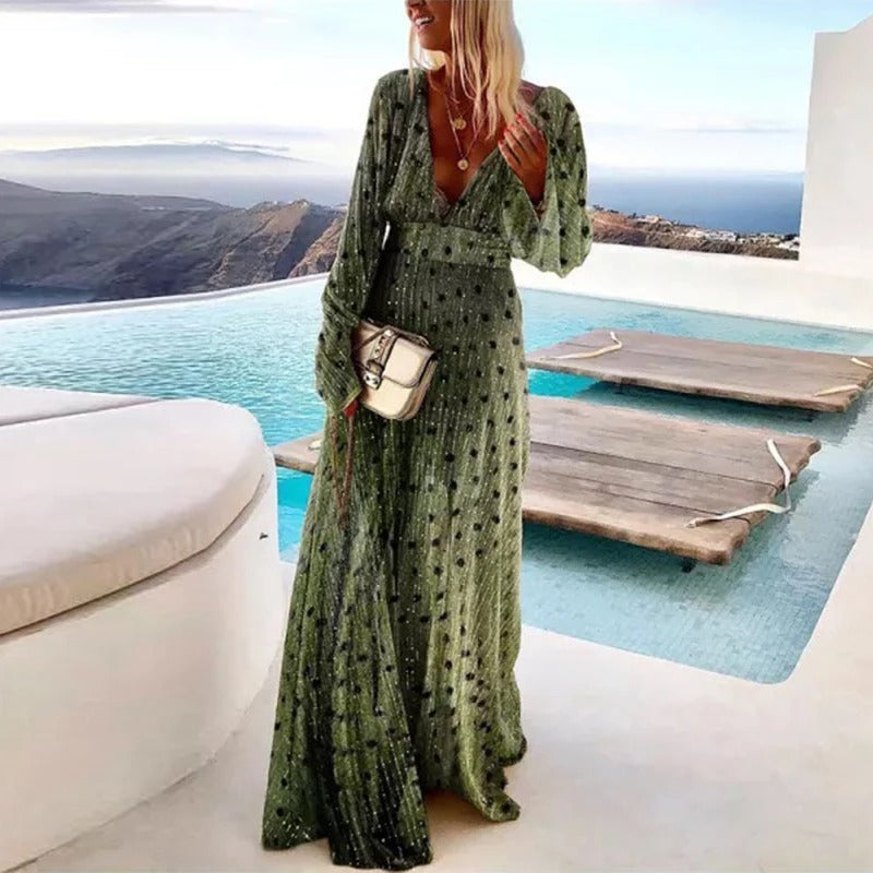 Alicia - Robe maxi à pois avec décolleté plongeant et manches évasées