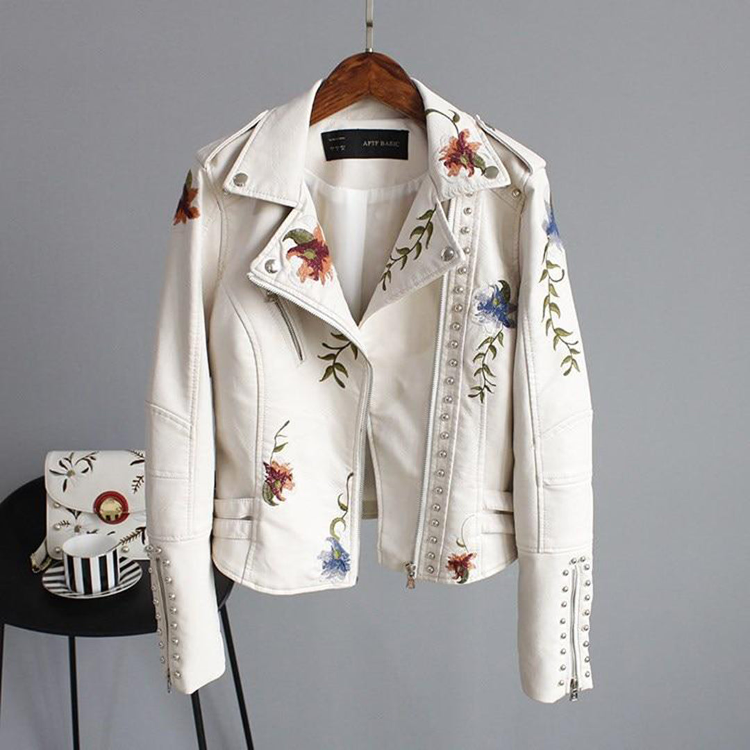Josephine - Veste moto femme brodée de fleurs et clous