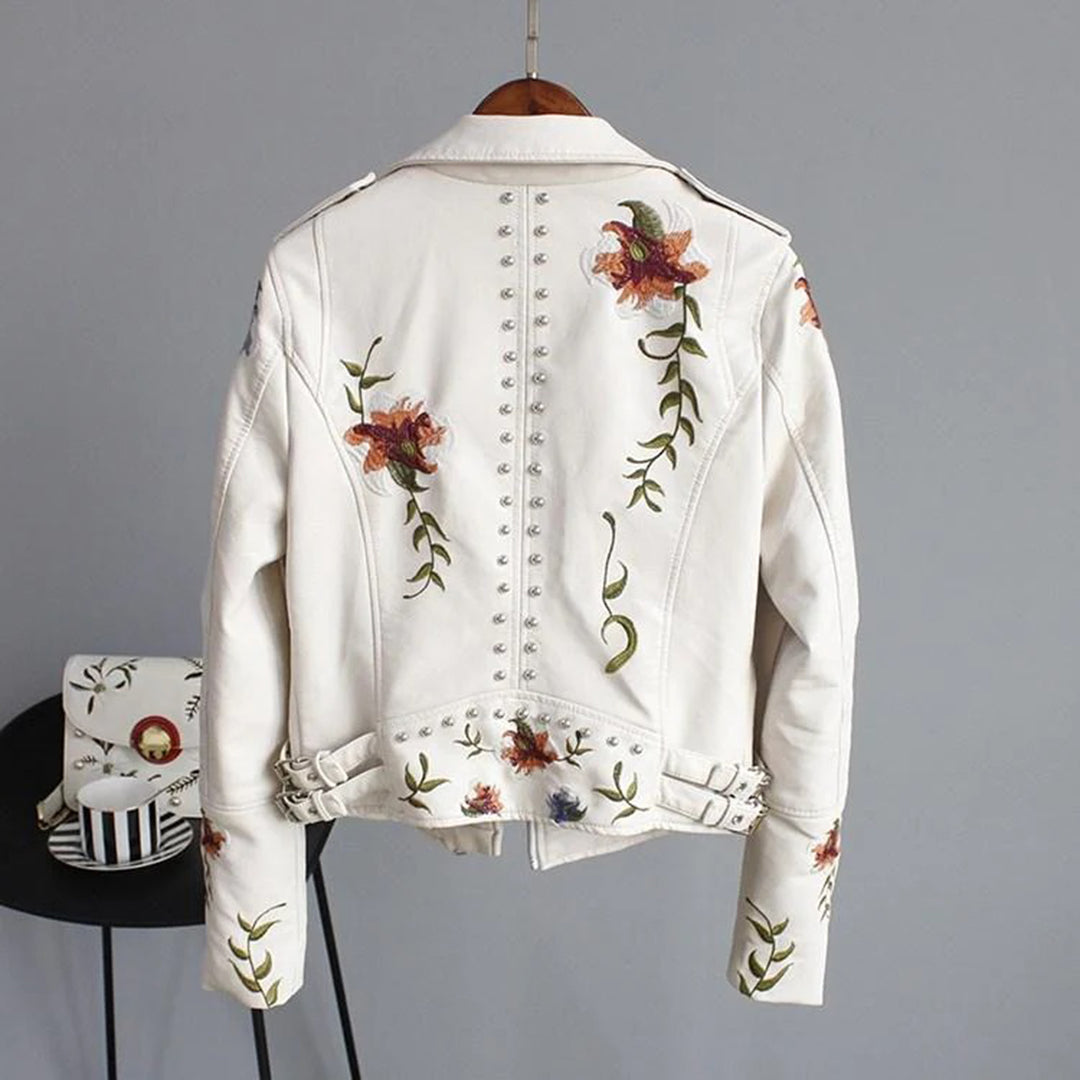 Josephine - Veste moto femme brodée de fleurs et clous