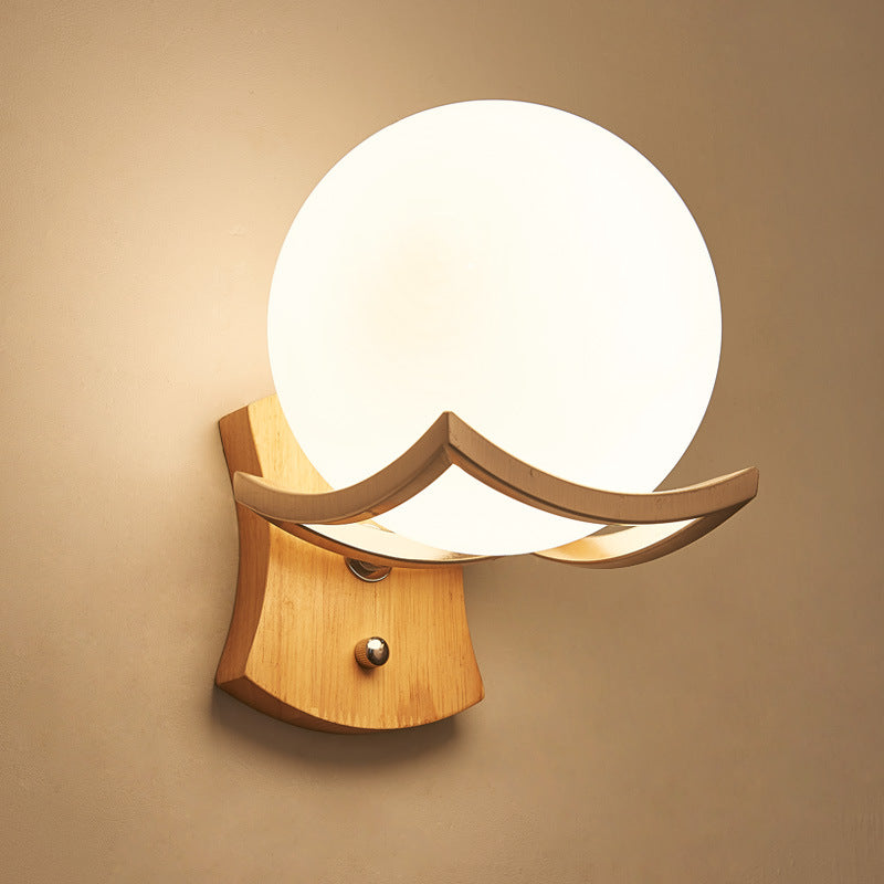 Lunawood - Applique ronde en verre opale avec cadre en bois minimaliste