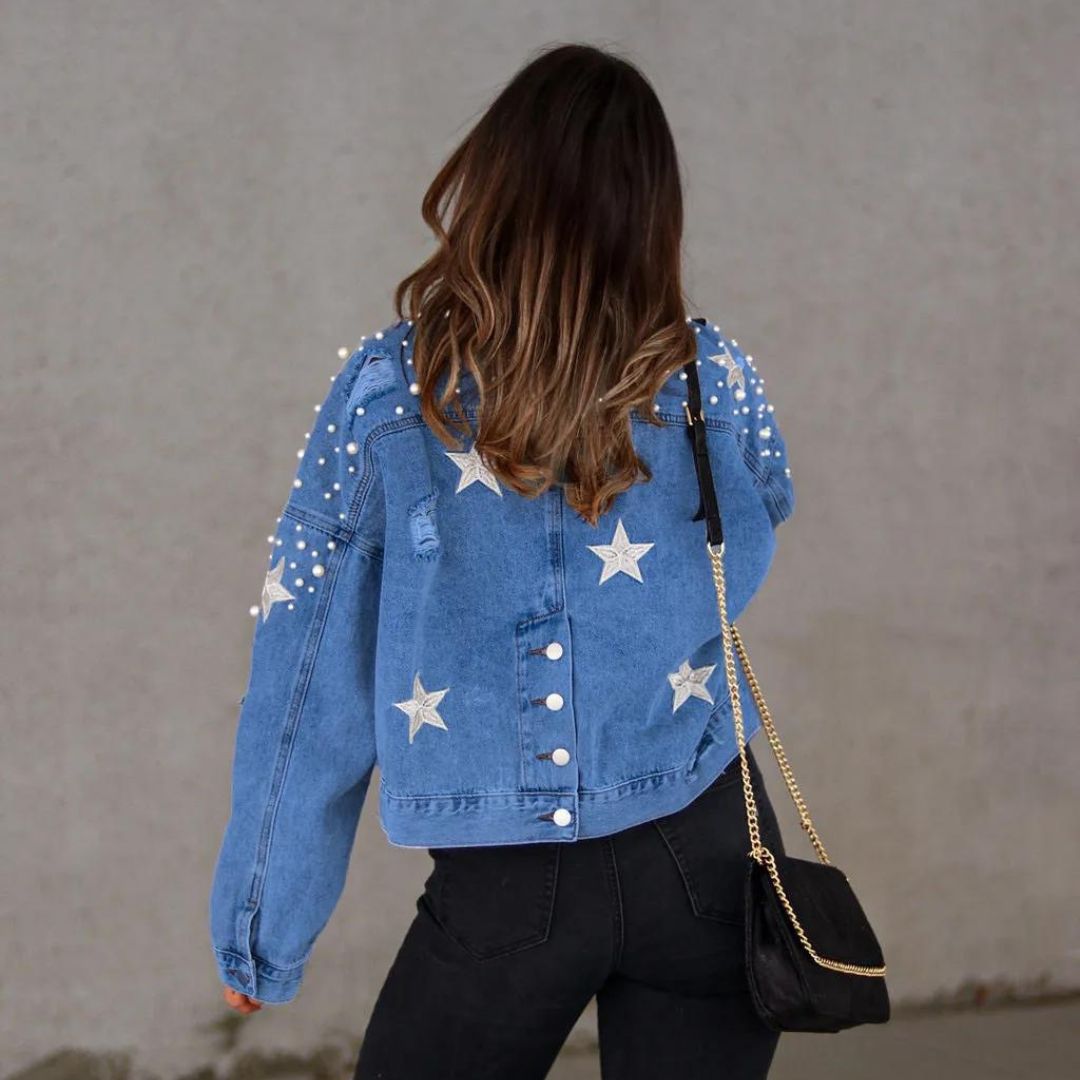 Editha - Veste en denim à perles en forme de bouton