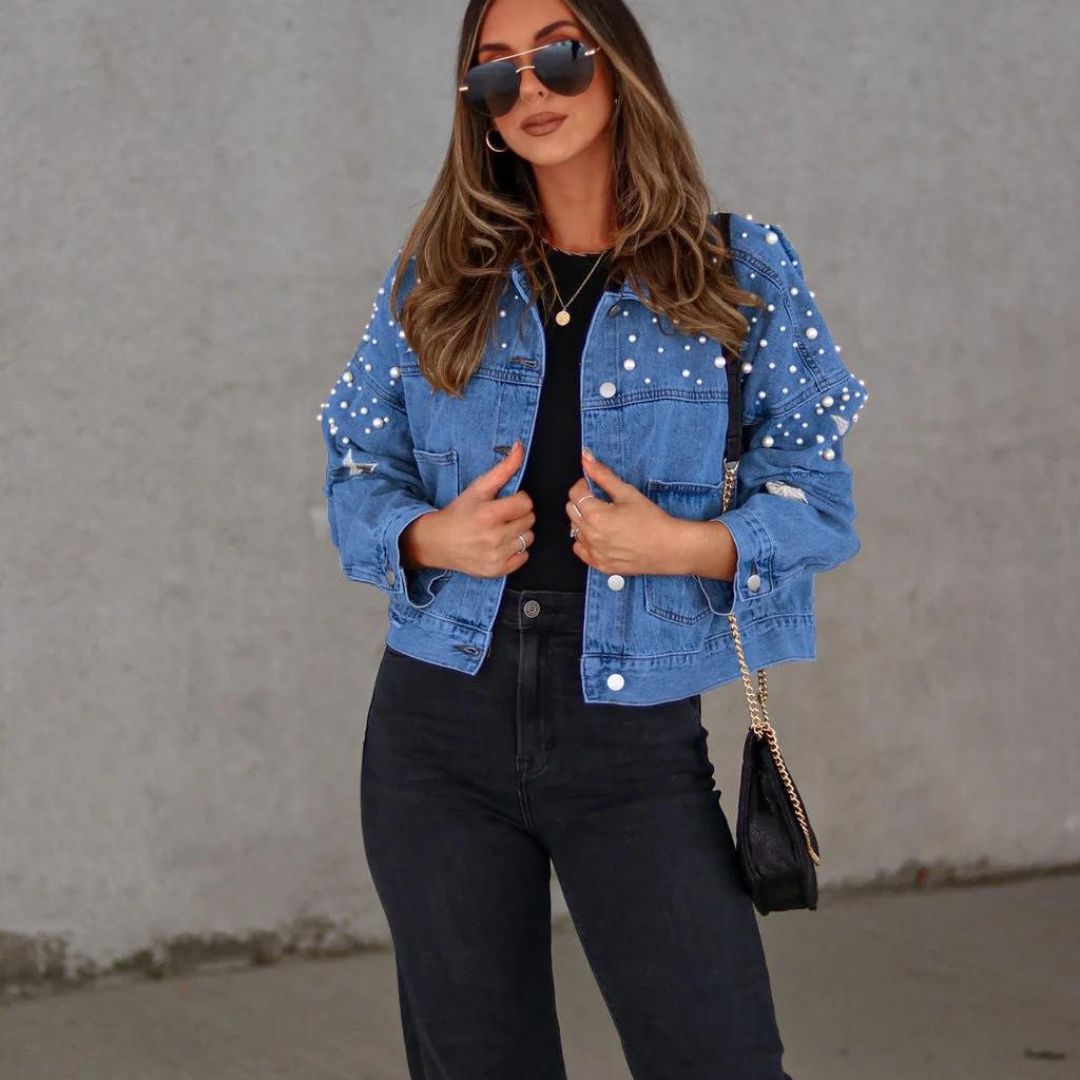 Editha - Veste en denim à perles en forme de bouton