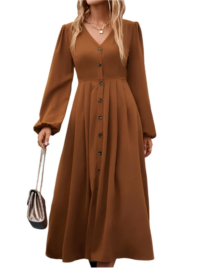 Robe Midi Élégante Amalie avec Manches Bouffantes et Boutons