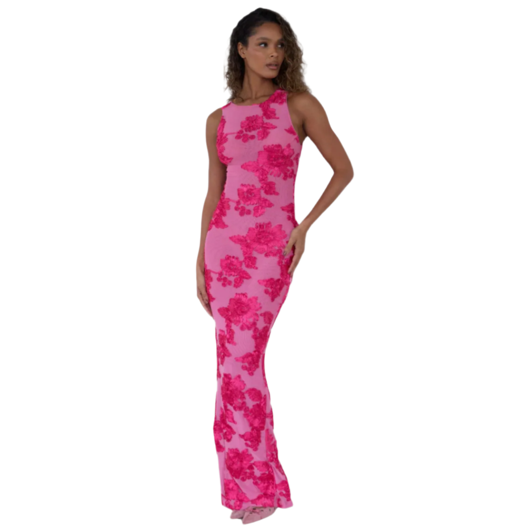 Stella - Robe maxi à imprimé floral rose avec col haut