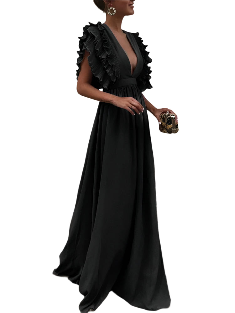 LuxeFlair - Robe maxi à décolleté en V profond et manches à volants