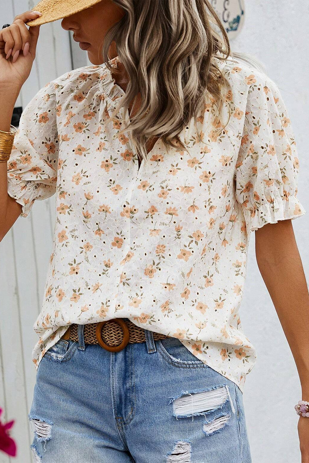 Monica - Blouse fleurie vintage avec manches bouffantes