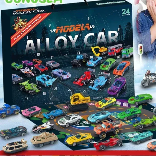 Ensemble de 24 pièces de calendrier de l'Avent pour cadeaux de Noël, modèle en alliage, voiture diecast