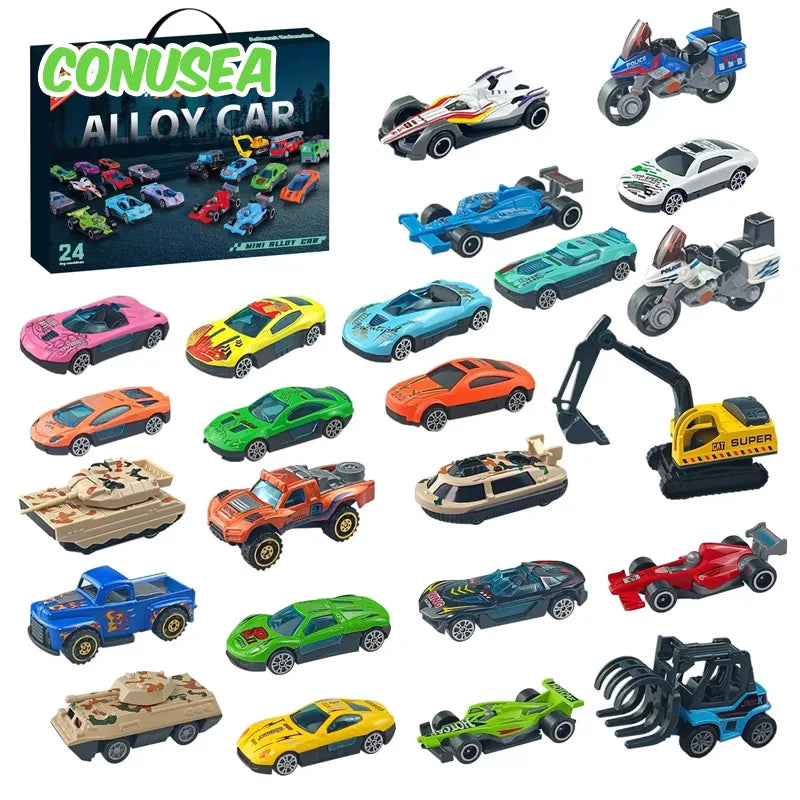 Ensemble de 24 pièces de calendrier de l'Avent pour cadeaux de Noël, modèle en alliage, voiture diecast