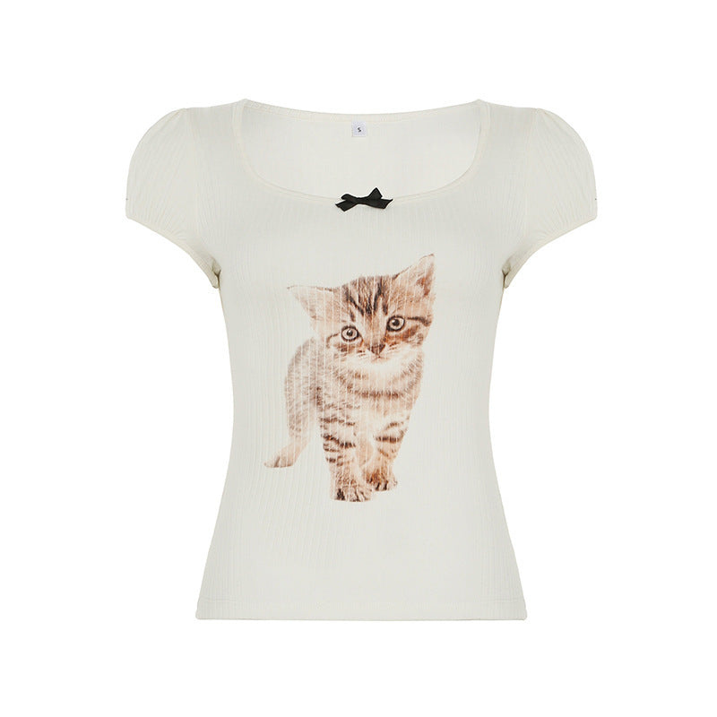 PuffMeow - Haut à manches bouffantes avec imprimé de chat et détail en nœud