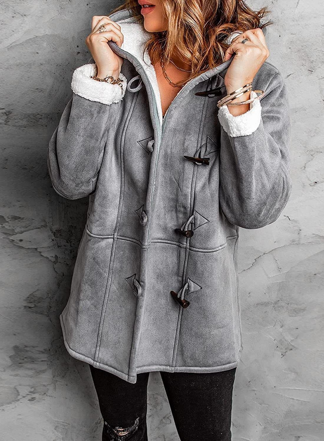 Therese - Manteau à capuche avec fermeture à bascule et doublure sherpa chaude pour femme