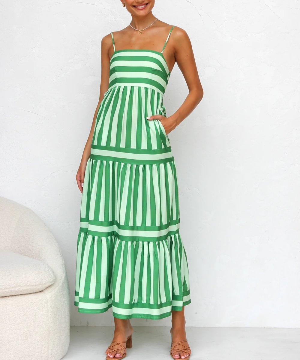Solene - Robe maxi à volants rayée avec un haut ajusté et des fines bretelles