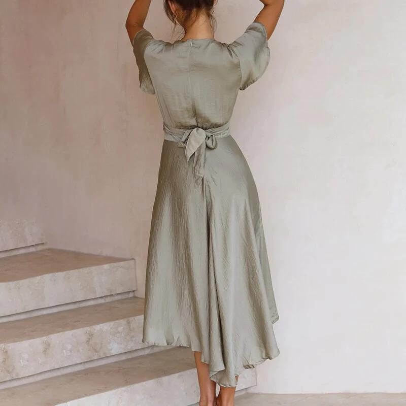Deborah - Robe midi haute-basse avec taille nouée et manches flottantes