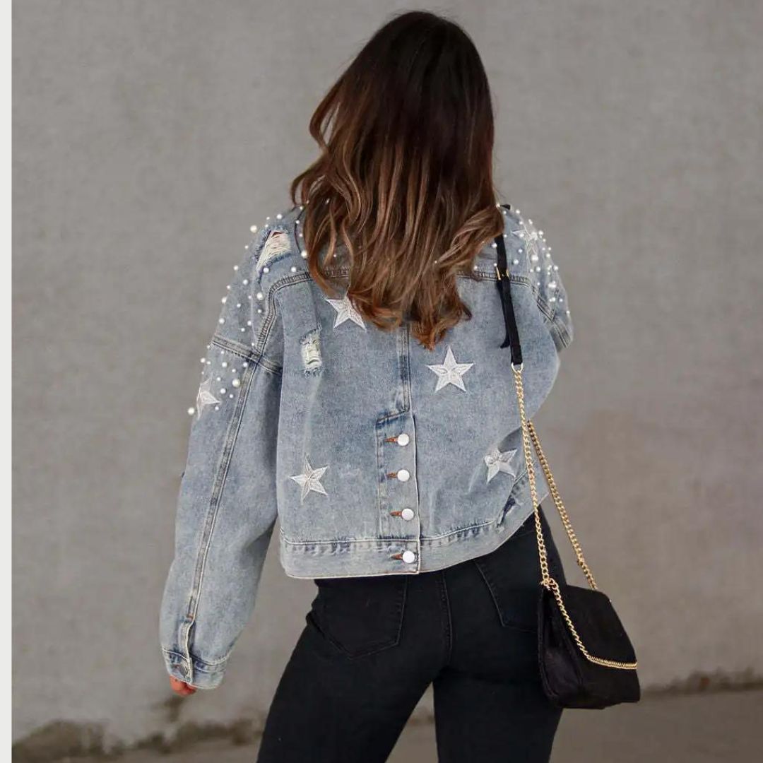 Editha - Veste en denim à perles en forme de bouton