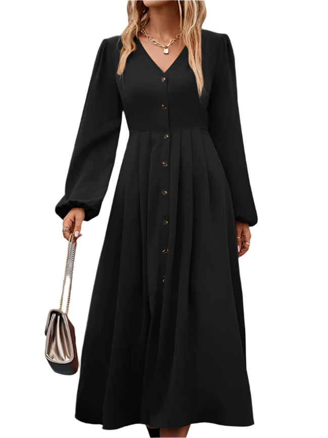 Robe Midi Élégante Amalie avec Manches Bouffantes et Boutons