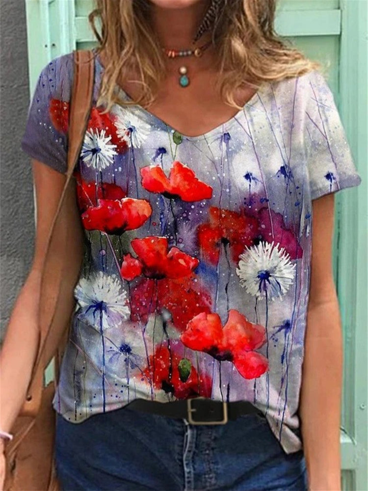T-shirt à col en V Floral Elegance – Adoptez l'art de la nature