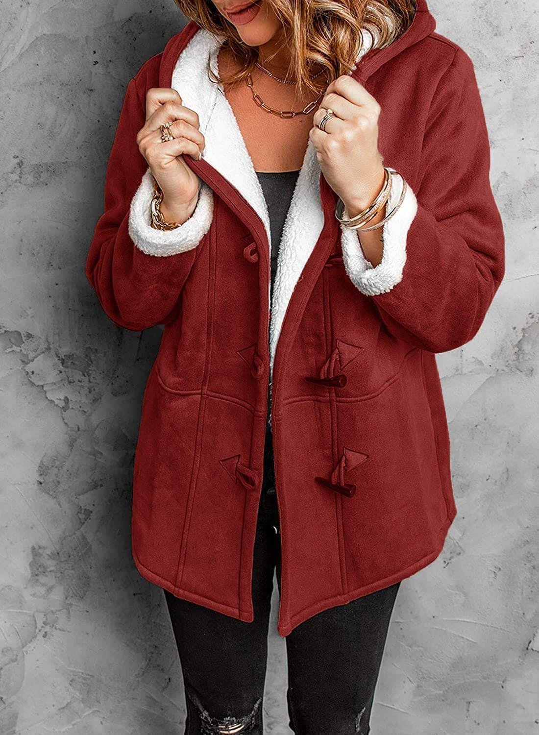 Therese - Manteau à capuche avec fermeture à bascule et doublure sherpa chaude pour femme