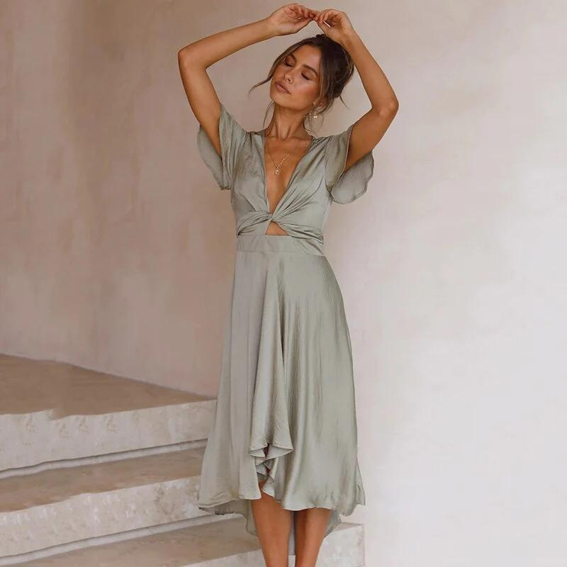 Deborah - Robe midi haute-basse avec taille nouée et manches flottantes