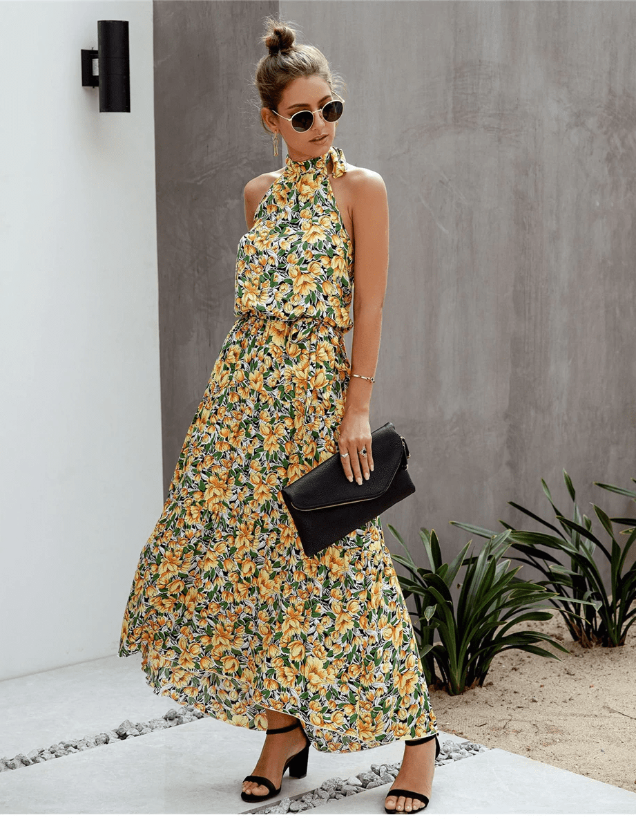 Maribel - Robe Maxi Boho à Fleurs avec Lien au Cou