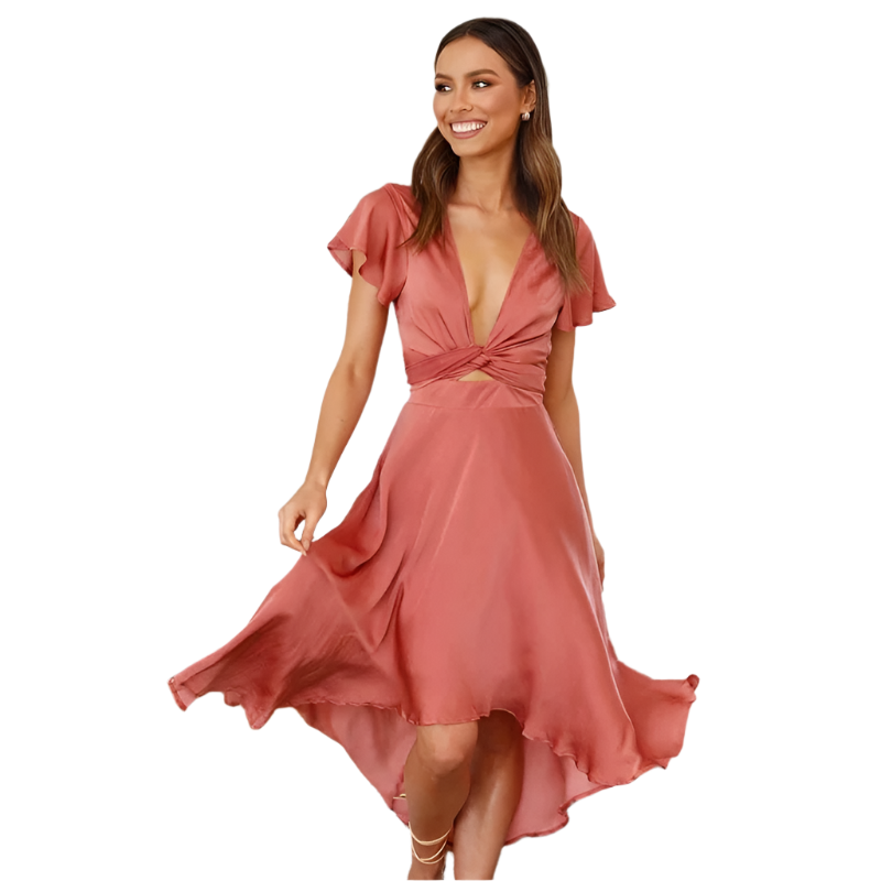 Deborah - Robe midi haute-basse avec taille nouée et manches flottantes
