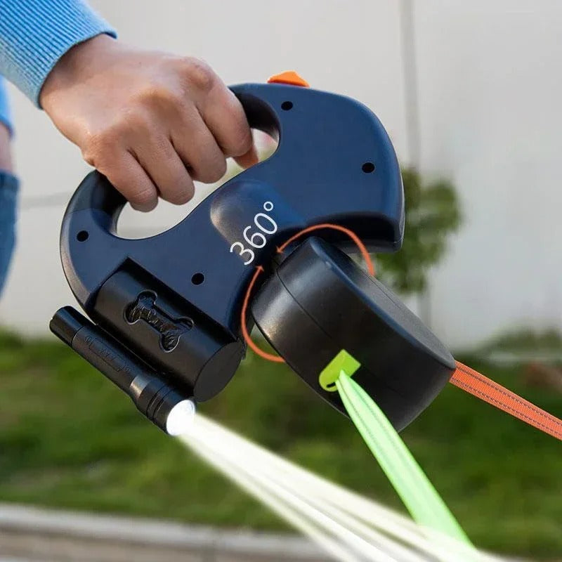 LumiLeash 2-en-1 Laisse Double pour Chien avec Lampe LED et Distributeur de Sacs à Déchets