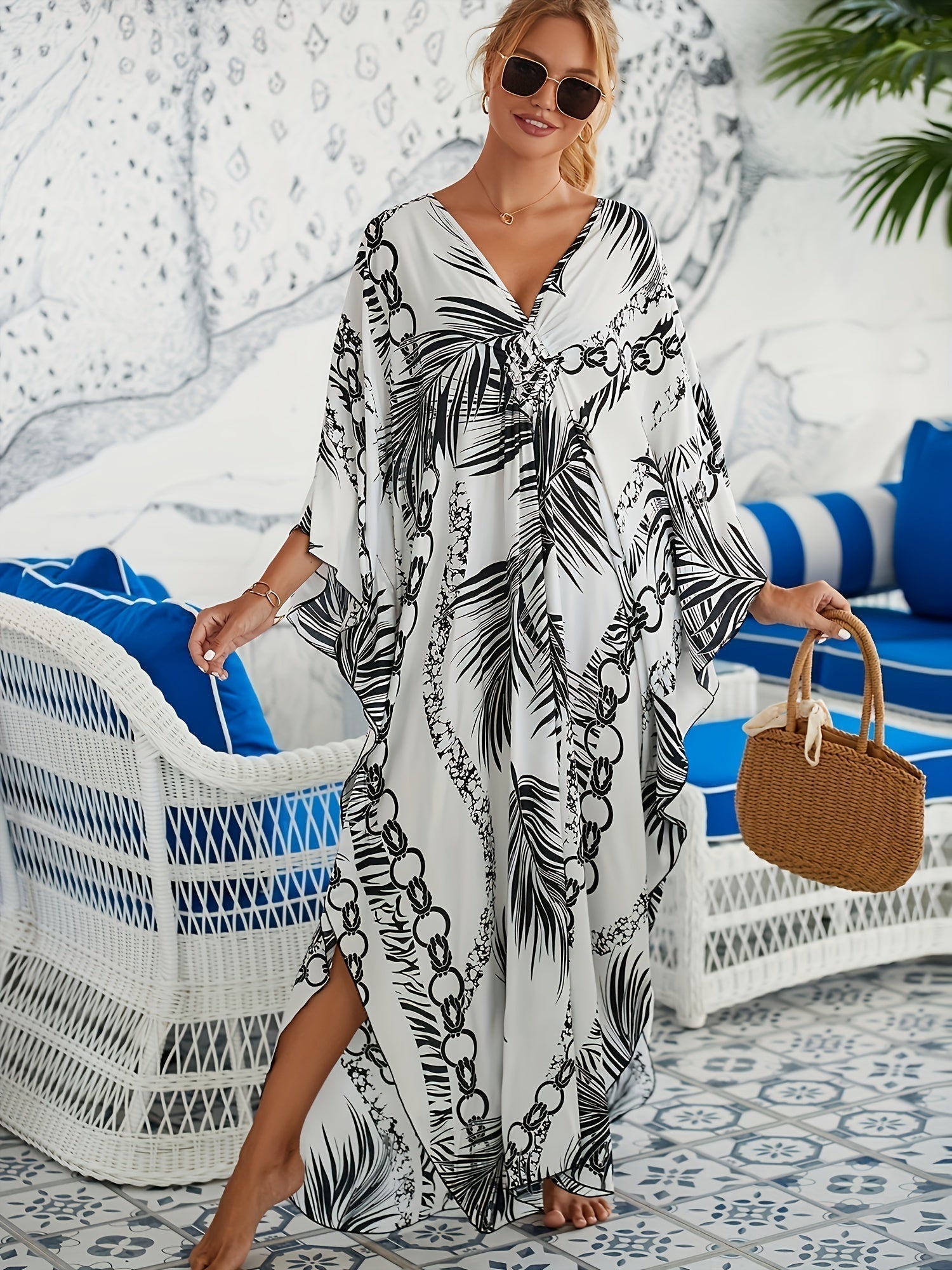 Robe kaftan Emilia avec imprimé palmier tropical