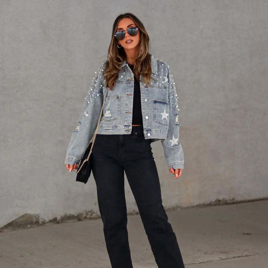 Editha - Veste en denim à perles en forme de bouton